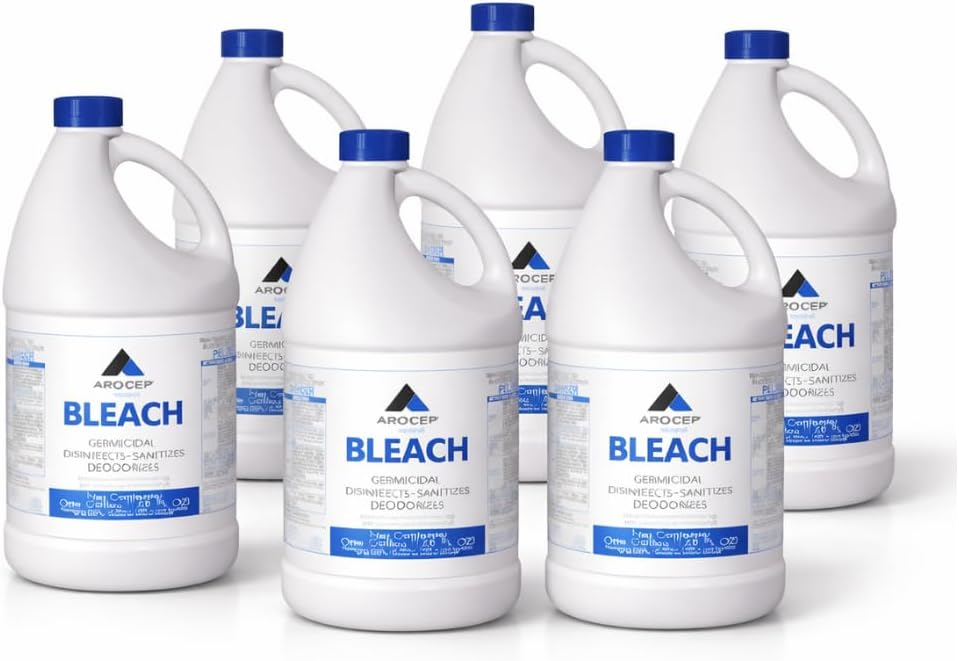 Liquid Chlorine Bleach Gallon – 6Pcs 1 Gallon Jug Bleach for Laundry, Household Cleaning, Commercial Use - Highly Concentrated Formula Bathroom Cleaner Ideal for Kitchen Surfaces, Tiles, Floors