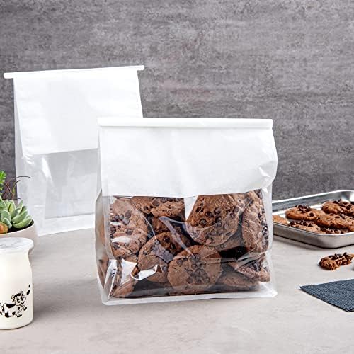 Restaurantware-Bag Tek 8.6 x 4.5 x 10.6 Inch Tin Tie Bags With Windows, 100 Resealable Bakery Bags With Windows - Flat Bottom, For Cookies or Coffee Beans, White Cotton Paper Tin Tie Bags