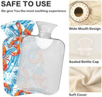 Hot Water Bottle with Soft Cover, 1L Transparent Hot Water Bags for Menstrual Cramps, Neck and Shoulder Pain Relief, Hand Feet Warmer, Orange Lobster Blue Sea Waves