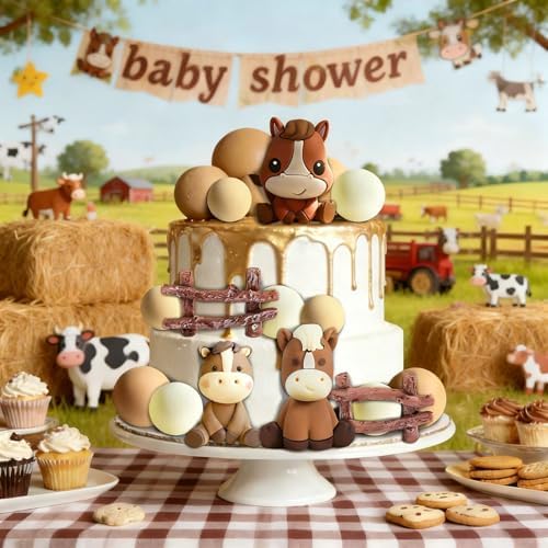 Horse Cake Topper, Cowboy Theme Cake Decorations with Fence and Ball (brown)