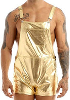 Men's Shiny Leather Metallic Shorts Dungarees Suspender Hot Pants Spandex Leotard Bodysuit