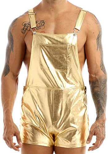 Men's Shiny Leather Metallic Shorts Dungarees Suspender Hot Pants Spandex Leotard Bodysuit