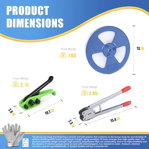 Banding Strapping Kit with 1/2" x 3200" Polypropylene (PP) Band 100 Metal Seals 20 Plastic Edge Protectors Tensioner Sealer Tool Glove for Pallet Box Packaging
