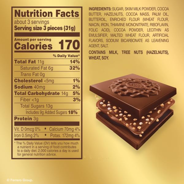 Ferrero Rocher Premium Milk Hazelnut chocolate squares, Individually Wrapped Chocolates, Great for Sharing or Gifting, 3.7 oz