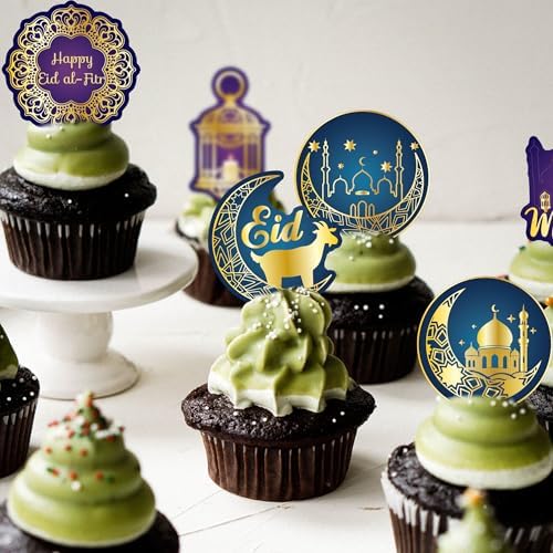 48Pcs Edible Eid Mubarak Cupcake Toppers Wafer Paper Moon Star Ramadan Kareem Cupcake Toppers for Eid Islamic Muslim Party Cake Decorations Supplies