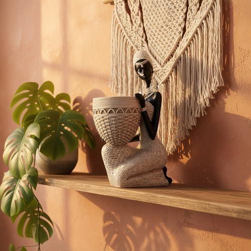 Lescafita Handmade White African Tribal Woman Sculpture - Crystal Earrings & Basket Statue, Ivory Resin Home Decor for Modern Shelves/Tables, Elegant Housewarming Gift (9.65" H)