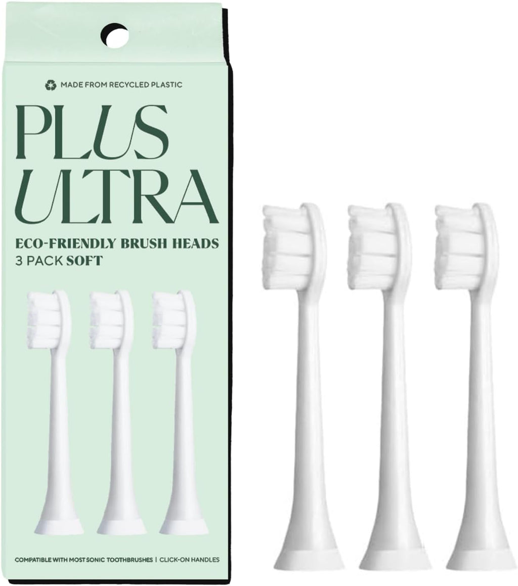 PLUS ULTRA Sonic Electric Toothbrush Replacement Heads 3 Pack – Compatible Click-On Brush Heads – Soft Bristles for Sensitive Teeth – Made with Recycled Plastic – Eco-Friendly