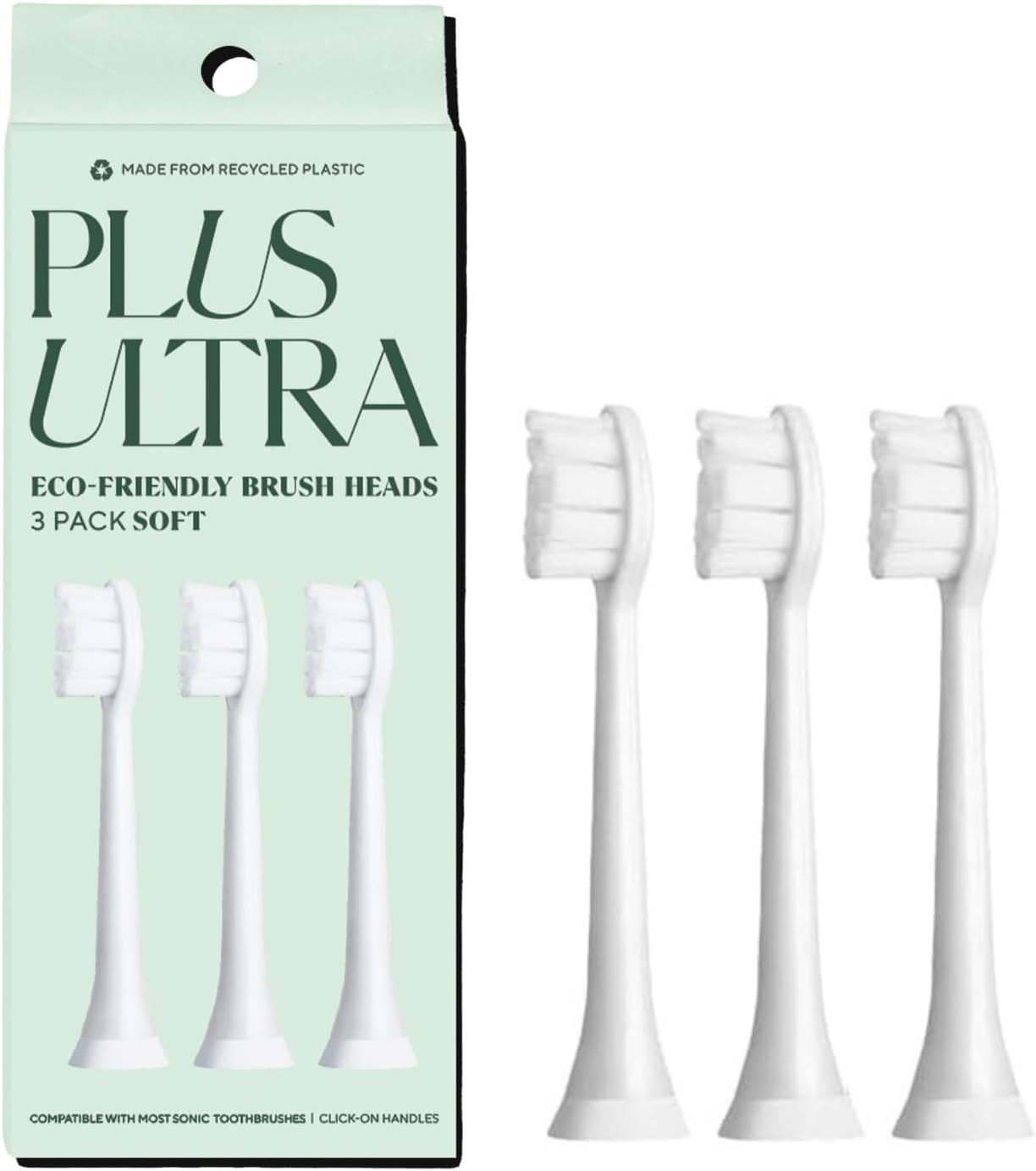 PLUS ULTRA Sonic Electric Toothbrush Replacement Heads 3 Pack – Compatible Click-On Brush Heads – Soft Bristles for Sensitive Teeth – Made with Recycled Plastic – Eco-Friendly