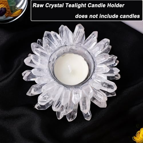 Natural Clear Quartz Crystal, Crystal Quartz Tealight Candle Holder Crystal Stone Candle Stand High Energy Geode Votive with Healing Effects (Not Included Candle)