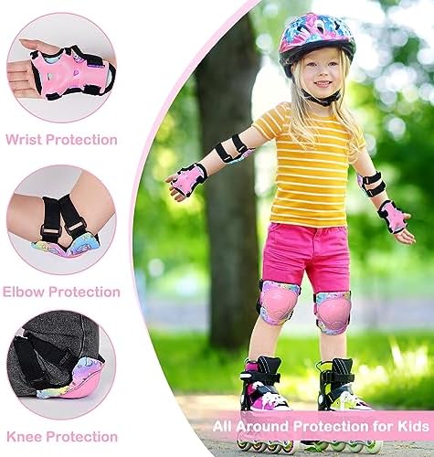 FIODAY Knee Pads for Kids Protective Gear Set Adjustable Kids Knee Pads and Elbow Pads with Wrist Guard for Girls Roller Skates Cycling Bike Skateboard Scooter, 3-8 Years,Rainbow Pink