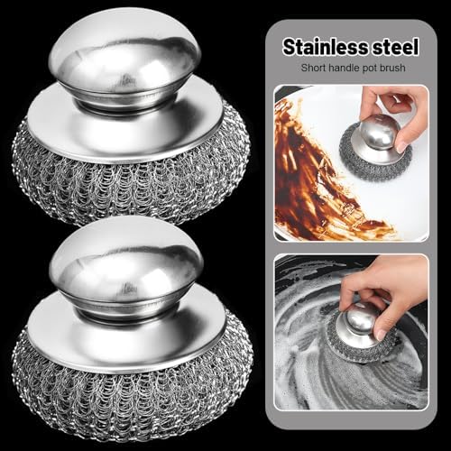 Stainless Steel Kitchen Pot Brush with Short Handle Wire Ball Cleaning Tools Home Kitchen Dish Washing Accessories (2PCS)