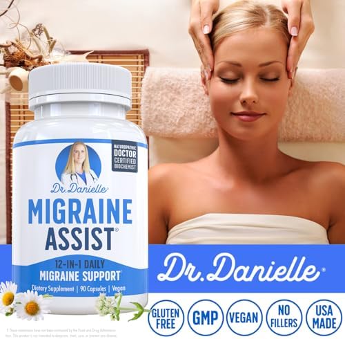 Best Migraine Relief Product with Magnesium - Migraine Assist Supplement with Quercetin, Feverfew, Butterbur, CoQ10 from Dr. Danielle, 90 Capsules