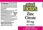 Natural Factors - Zinc Citrate 50mg, Support for Healthy Skin & Immune Function, 180 Tablets