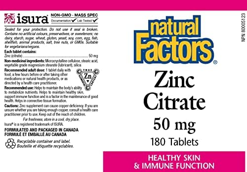Natural Factors - Zinc Citrate 50mg, Support for Healthy Skin & Immune Function, 180 Tablets