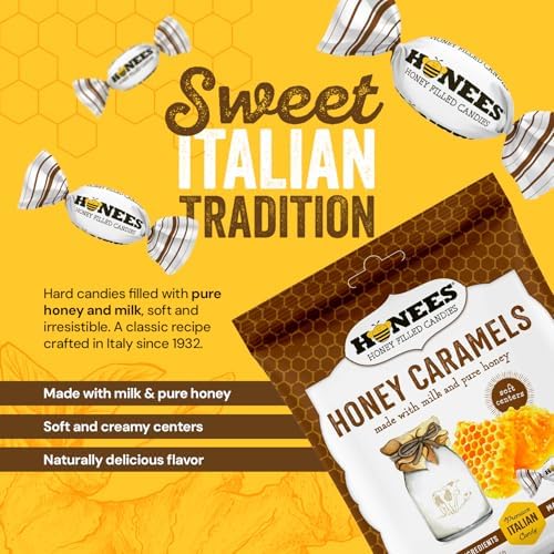 Honees Honey Caramels Hard Candy Individually Wrapped | Natural & Healthy Candy, Italian Made with Milk & Pure Honey, 1 Pack (2.85 oz)