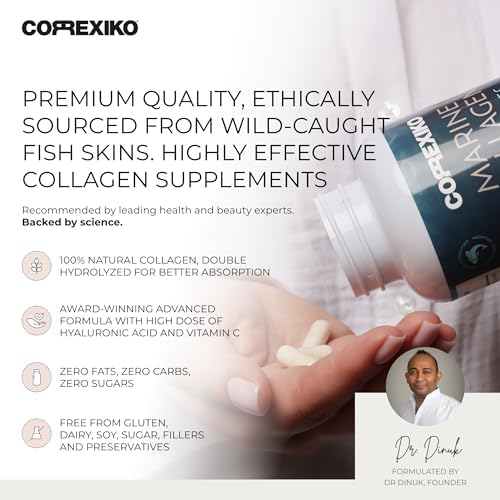 CORREXIKO Marine Collagen Supplement Pills - 1800mg Hydrolyzed Collagen Peptides per Serving with Added Hyaluronic Acid, Vitamin C & Minerals - for Hair, Skin & Nails - 120 Capsules 30 Day Supply