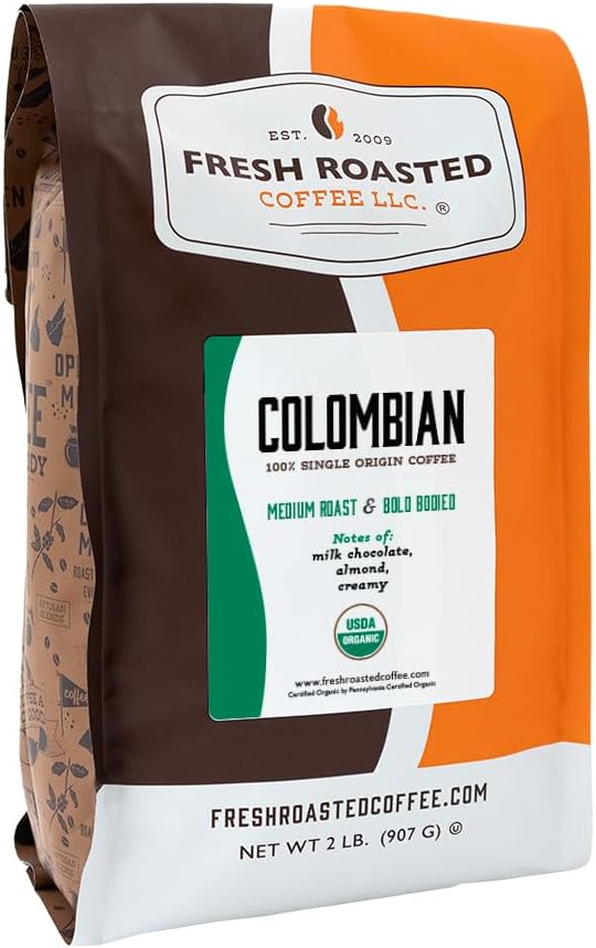Fresh Roasted Coffee, Organic Colombian | USDA Organic, 100% Single Origin, Kosher | Medium Roast 2 lb (32 oz) Whole Bean
