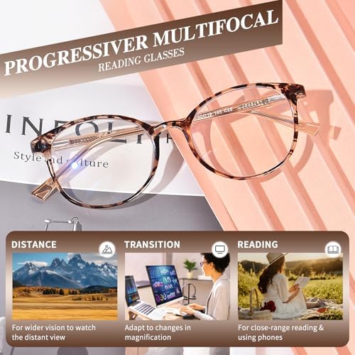 Progressive Multifocal Reading Glasses for Women Men, TR90 Fashion Blue Light Computer Readers