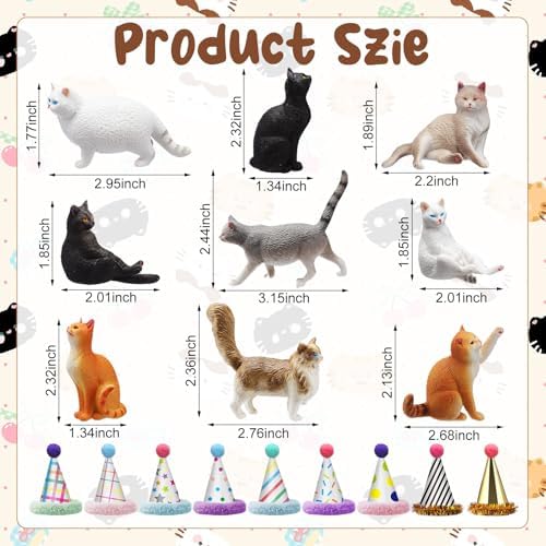 Colingmill 18 Pcs Cat Birthday Party Decorations Mini Birthday Hat Animal Figure Model Cake Toppers with Mini Hat for Birthday Party, Animals Themed Party