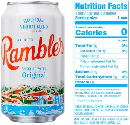 AUTX RAMBLER Sparkling Water, Texas Limestone Mineral Blend, Original Natural Flavor, 12-Ounce Cans, Three 8-Packs (24 Cans)