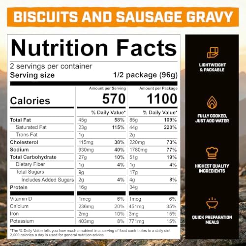 Peak Refuel Biscuits & Sausage Gravy | Freeze Dried Backpacking, Camping & Emergency Prep Food | 2 Servings Pouches
