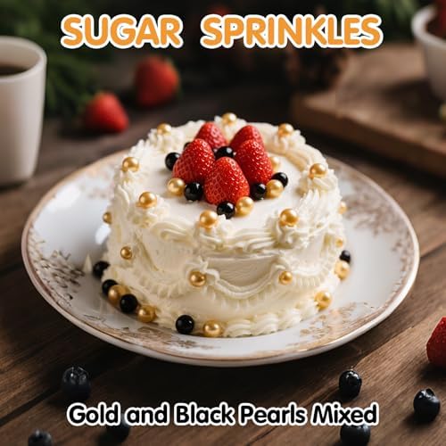 Edible Pearl Sprinkles for Cake Decorating,130g Black and Gold Candy Sprinkle Mixing Size,Baking Pearls Cake Cupcake Toppers,Cookie Donuts Ice Cream Decorations,Wedding Birthday Party Supplies