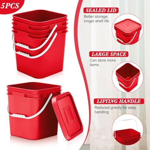 Mumufy 5 Pcs 3.5 Gallon Square Food Grade Bucket with Lid Square Bucket Pail Plastic Handles for Long Term Food Storage, Camping, Fishing, Home Organization Easy Stack and Store (Red)