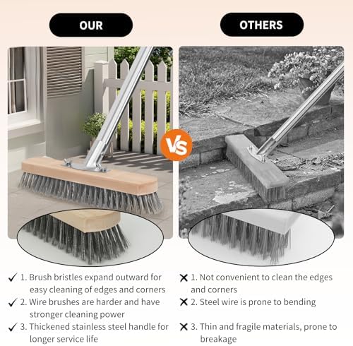 Stainless Steel Wire Scrub Brush with Long Handle, Moss Remover Wire Broom for Deck, Rough Surface, Concrete Floor, Patio, Garden, Garage (Silvery)