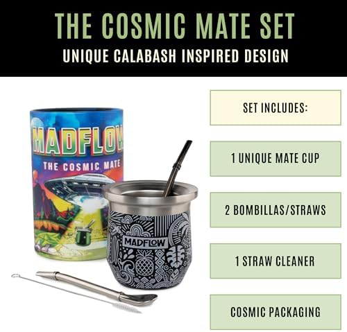 MADFLOW Yerba Mate Cup. Stainless Steel Mate Cup with 2 Bombillas. Double Wall Vacuum Insulated Yerba Mate Gourd. Unique Mate Cup And Bombilla Set