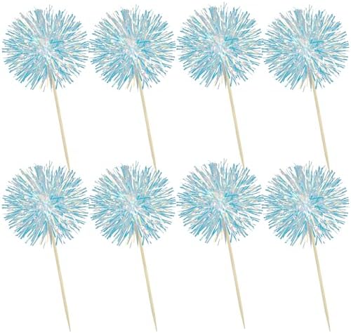 Ephlyn 30Pcs Foil Firework Cupcake Toppers Party Birthday Cake Toppers Supplies Sparkle Tinsel Cocktail Fruit Toothpick for Birthday Wedding Graduation Party Blue
