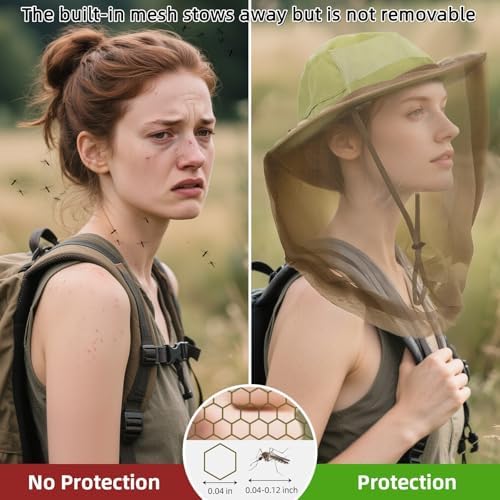 Mosquito Net Hat for Women Men - Sun Protection Hat with Foldable Mesh, Fishing & Hiking Hat with Ponytail for Beach, Safari