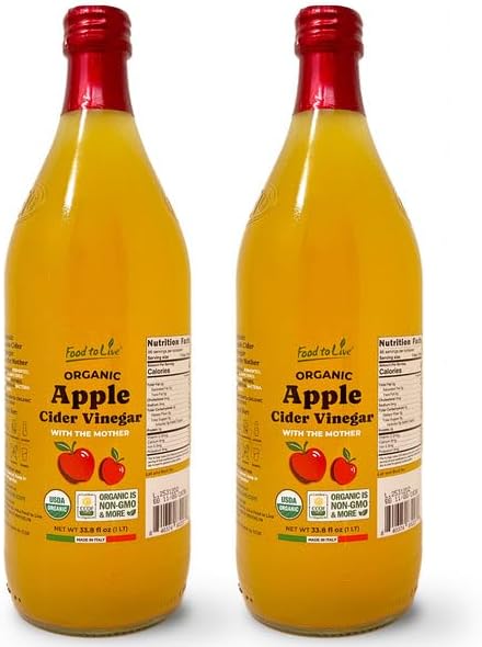 Food To Live Organic Apple Cider Vinegar, 1 L – Raw Italian Natural Vinegar with the Mother, Unfiltered, Unpasteurized, Non-GMO, Vegan, Glass Bottle (Pack of 2)