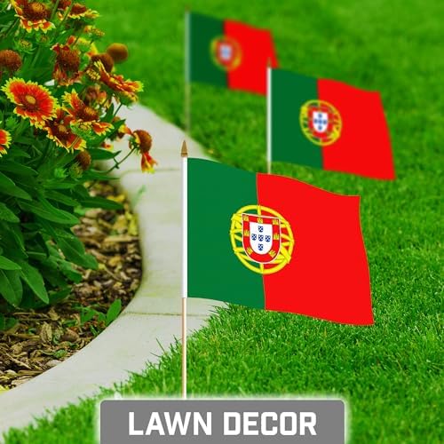G128 12 Pack Handheld Portugal Portuguese Stick Flags | 8x12 In | Printed 150D Polyester, Country Flag, Solid Wooden Stick, Spear Gold Tip