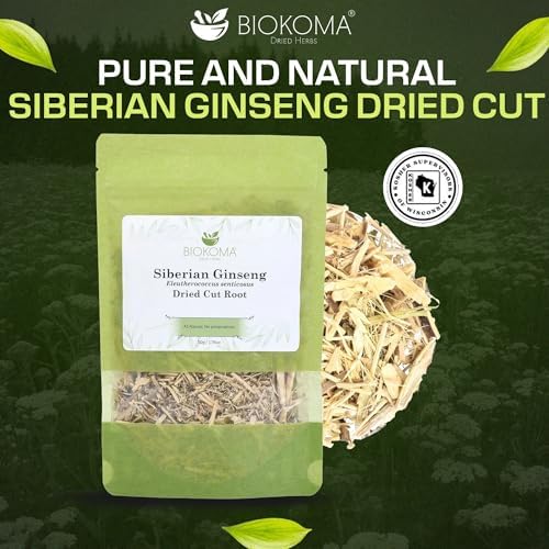 Biokoma Siberian Ginseng Root 50g (1.76 oz) Eleuthero senticosus - Dried Cut Energy Boost Wellness Support Herbal Tea Caffeine-Free Resealable Moisture Proof Pouch No Additives No Preservatives Kosher