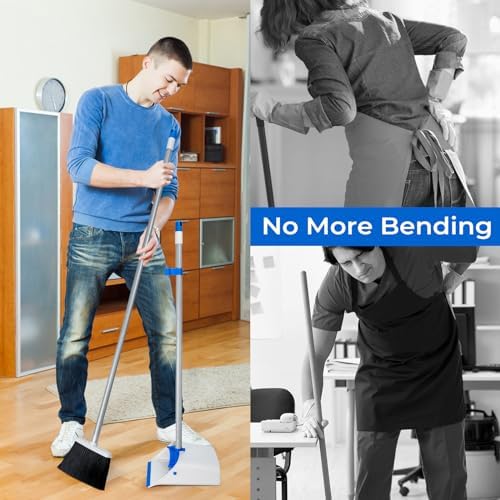 Broom and Dustpan Set with Long Handle 52", Standing Broom and Dust Pan Set for Home Kitchen Room Office Lobby Blue