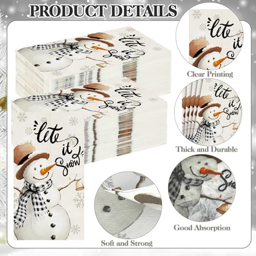Zhanmai 200 Pcs Winter Napkins Paper Bulks Christmas Hand Paper Towels for Bathroom Home 2 Ply Disposable Cocktail Guest Napkins for Kitchen Dinner Holiday Party(Snowman)