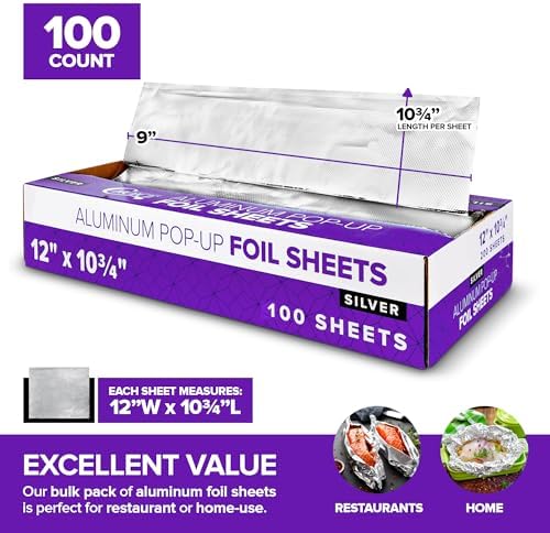 Pre-cut Deli Aluminum Foil Sheets,100 Count 12x10” Heavy Duty Pop Up Foil Sheets for Restaurants, Disposable Foil Sheets for Food, Tin Foil Sheets for Burrito, Hot Dogs, or Sandwich