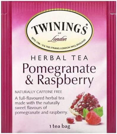 Twinings Pomegranate & Raspberry Herbal Tea Individually Wrapped Bags, 20 Count (Pack of 1), Naturally Caffeine-Free, Enjoy Hot or Iced, 20 Teabags