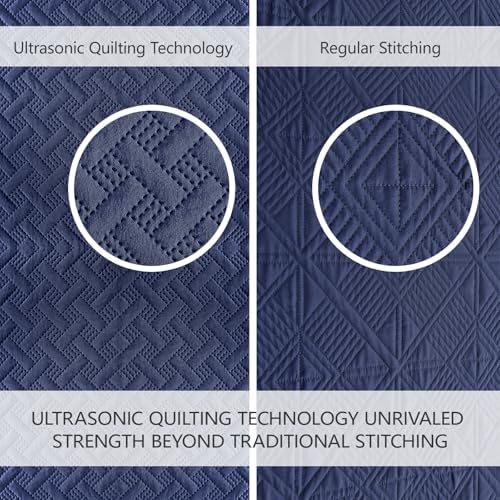 FLYMME Quilts Queen Size - Ultra Soft Navy Blue Quilt Lightweight Microfiber Bedspreads, Classic Basket Weave Pattern Bedspread Bed Coverlet 3 Pieces for All-Season (1 Quilt, 2 Pillow Shams) | Breathable material, Easy care