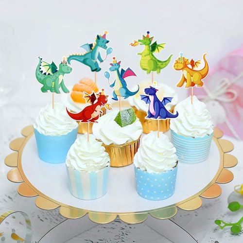 Ercadio 24 Pack Dragon Cupcake Toppers Lovely Dragon Cake Picks Lovely Dragon Cupcake Topper Dragon Cupcake Toppers Picks for Dragon Themed Party Kids Birthday Party Decor Supplies