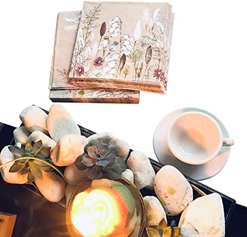 20 Counts 6.5 x 6.5 inches 3-Ply Tan Floral Decorative Napkins for Decoupage, Nature Themed Events, Eco-Friendly & Biodegradable
