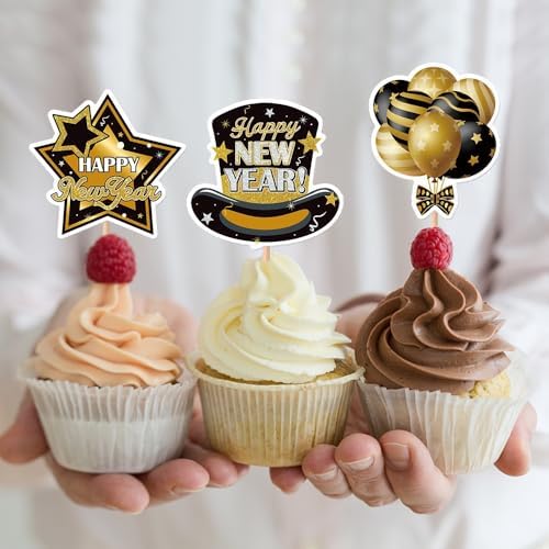 24 Pack Black Gold 2026 Happy New Year Cupcake Toppers 8 Types Muffin Cake Toppers for New Years Eva Party Favor Supplies (Pattern-2)