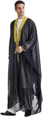 Men Muslim Arabic Embroidery Long Sleeve Chiffon Robe Dubai Turkey Abaya Cardigan Patchwork Kaftan
