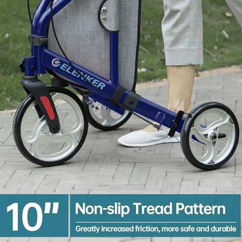ELENKER 3 Wheel Walkers for Seniors, Three Wheeled Rollator with Storage Bag, Height Adjustable, Foldable, Narrow Rolling Walker, Blue