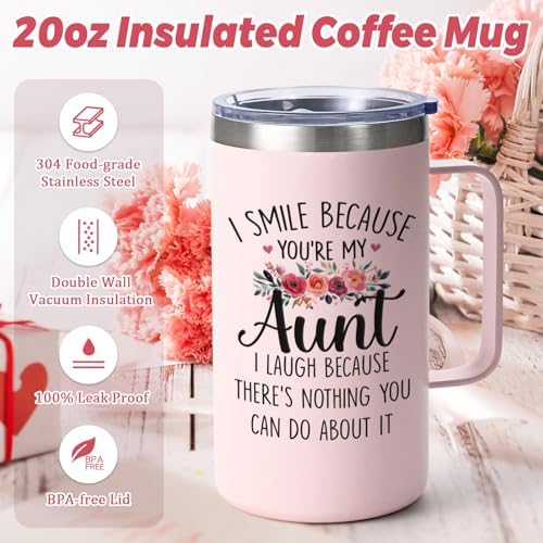 Lifecapido Aunt Gifts, I Smile Because You’re My Aunt 20oz Insulated Coffee Mug with Keychain, Birthday Christmas Mothers Day Gifts for Aunts, Rose Quartz
