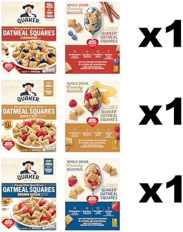 Quaker Oatmeal Squares Crunchy Whole Grain Breakfast Cereal Variety pack, 14.5 Oz Boxes (Pack of 3)