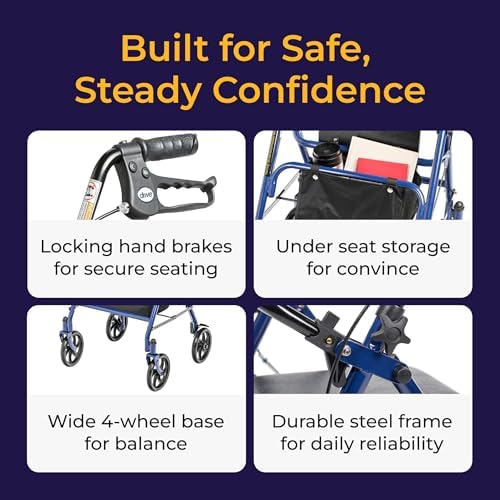 Drive Medical Rollator Walker with Seat - Stable Mobility Support - Height Adjustable - Durable Steel Frame Construction - Smooth 7.5" Wheels - Foldable - 350 Lb Limit - Blue