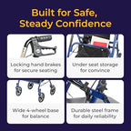 Drive Medical Rollator Walker with Seat - Stable Mobility Support - Height Adjustable - Durable Steel Frame Construction - Smooth 7.5" Wheels - Foldable - 350 Lb Limit - Blue