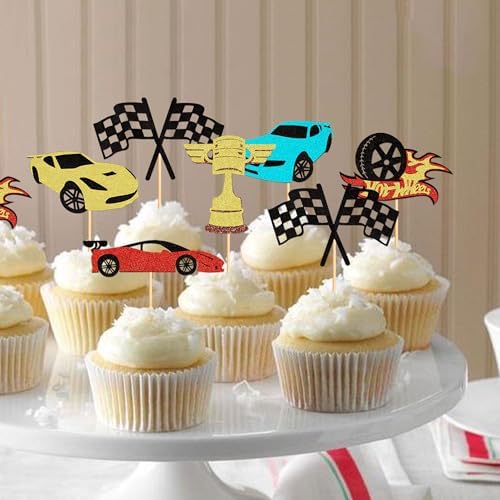 24PCS Race Car Cupcake Toppers Sparkling Trophy Flag Racing Cake Selected Racing Theme, Car Theme Party Supplies Baby Shower Boy Birthday Party Cake Decoration Supplies