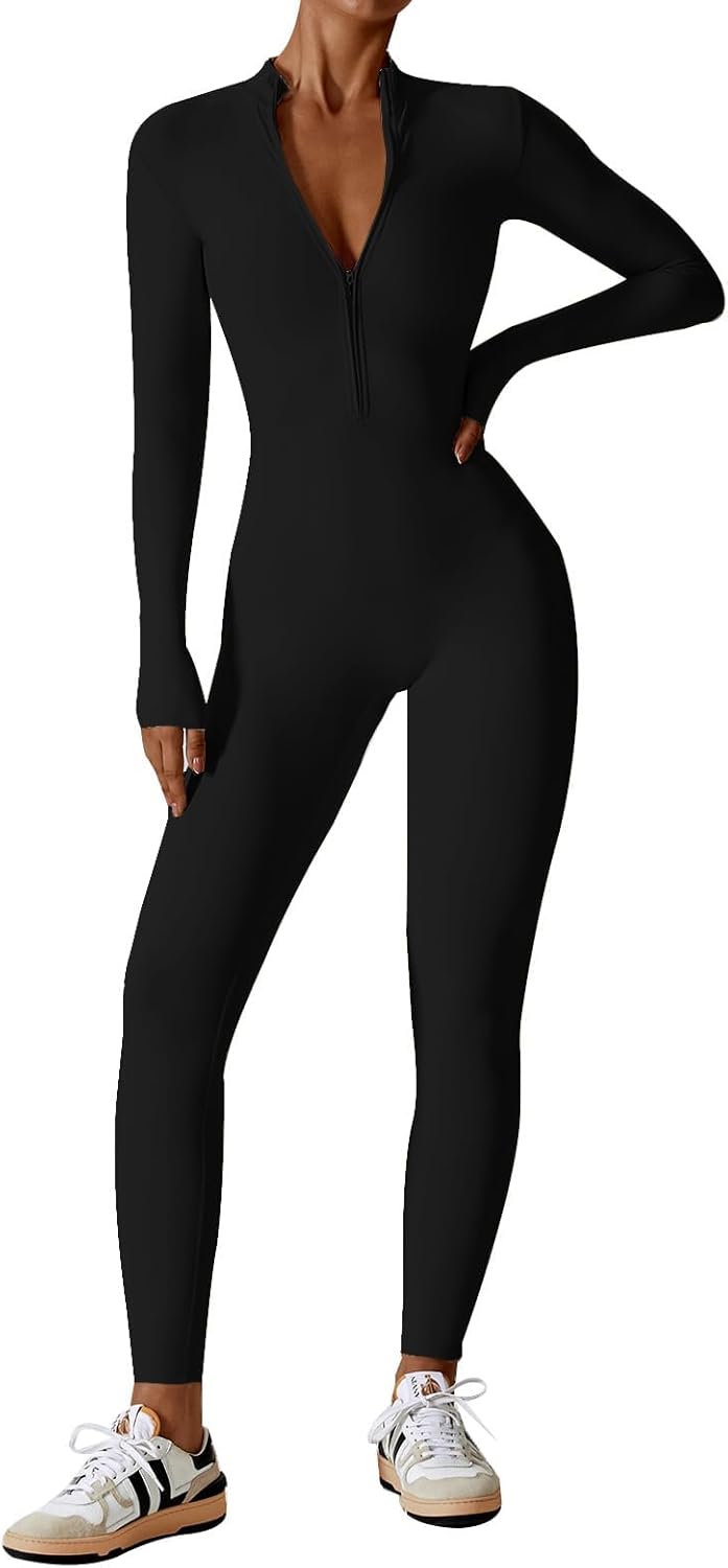 ECUPPER Women Long Sleeve Bodycon Jumpsuits Workout Zip Up Unitard One Piece Full Bodysuits Sexy Yoga Rompers Pants